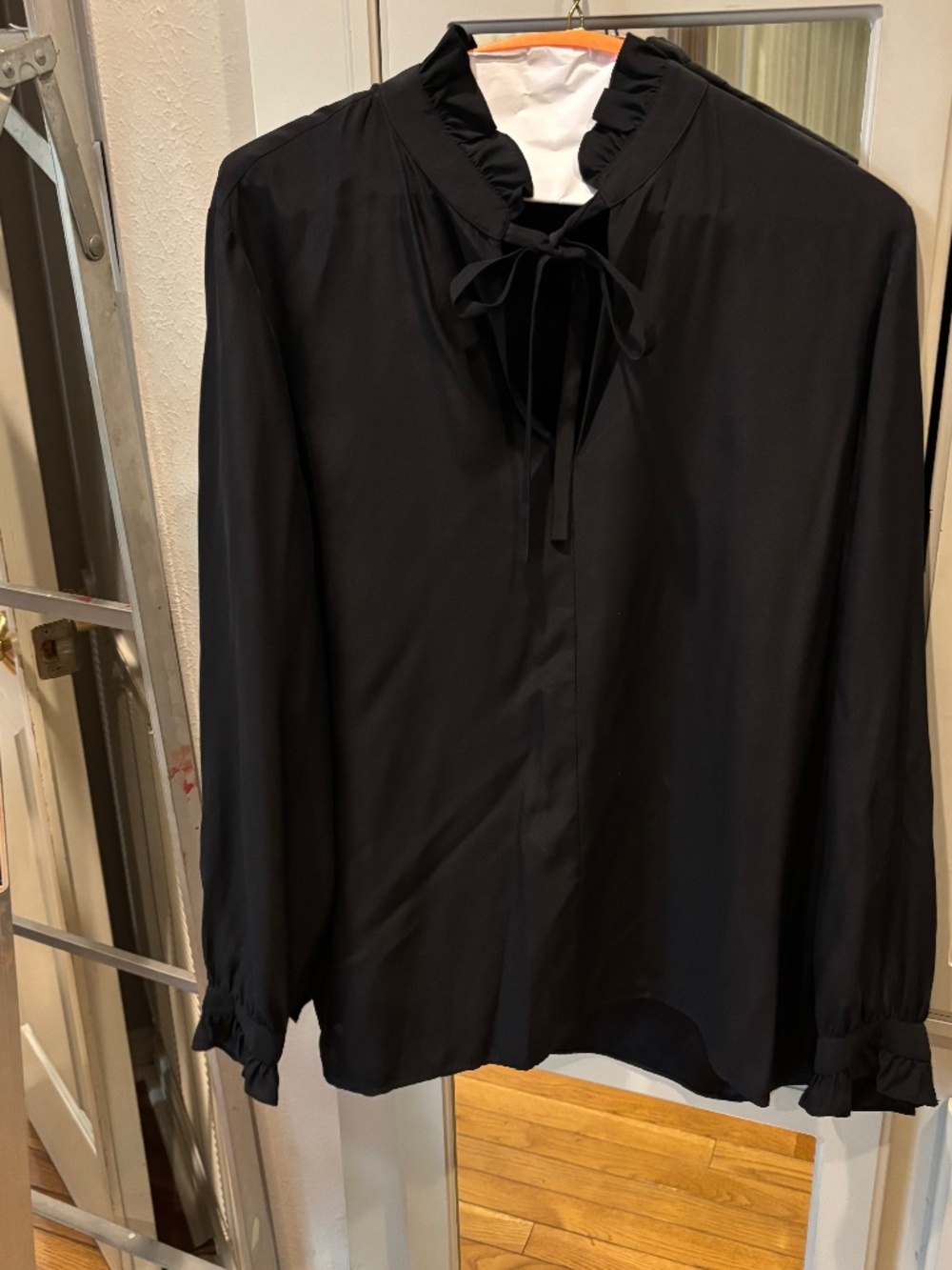 Lafayette 148 black blouse with ruffle collar and skinny tie
